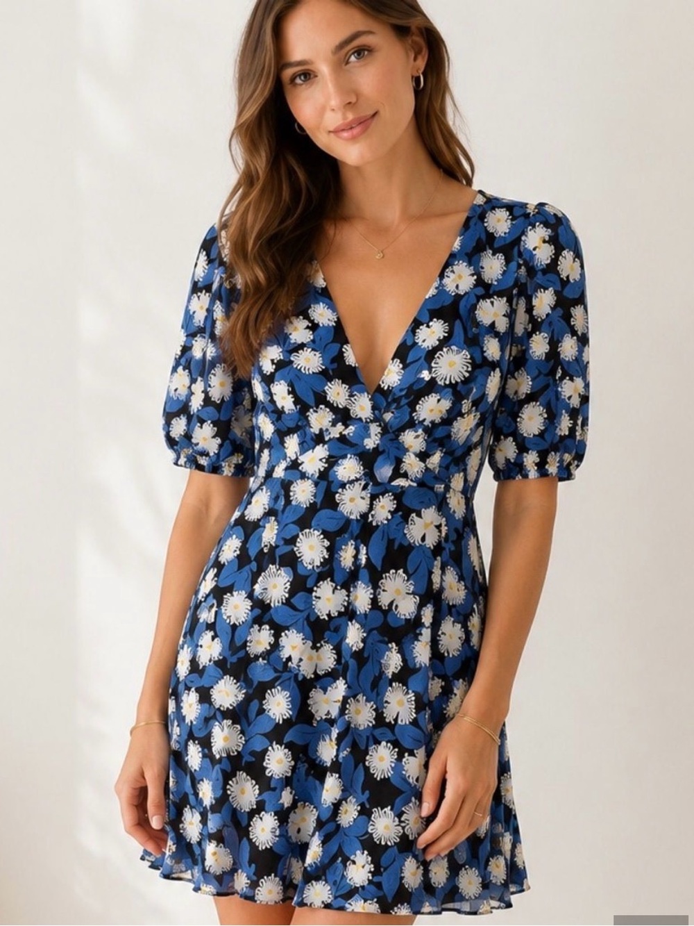 STAUD Blue Floral V-Neck Puff Sleeve Dress